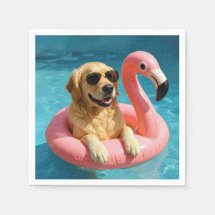 Golden Retriever Floating On a Flamingo Pool Toy Napkin