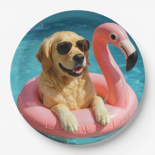 Golden Retriever Floating On a Flamingo Pool Toy Paper Plate