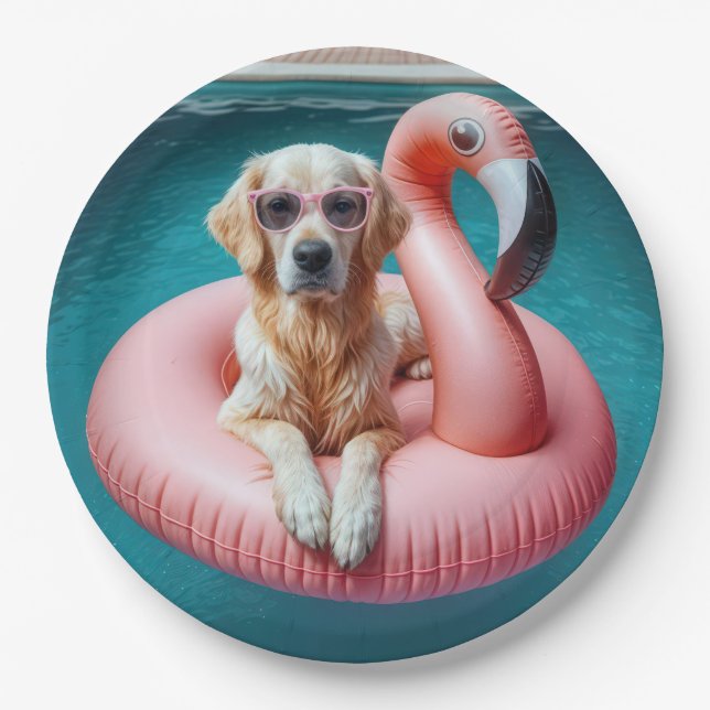 Golden Retriever Floating On a Flamingo Pool Toy Paper Plate (Front)
