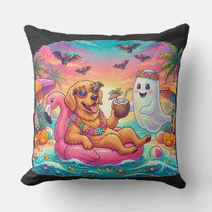 Golden Retriever Floating on Pink Flamingo Hallowe Cushion