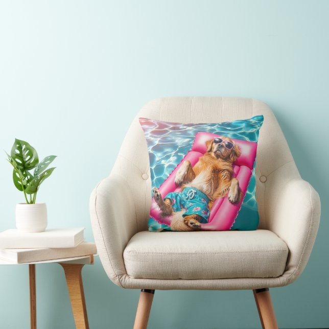 Golden Retriever Floating On Pool Mattress Cushion (Chair)