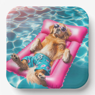 Golden Retriever Floating On Pool Mattress Paper Plate
