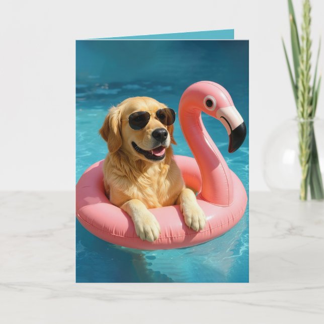 Golden Retriever Floating With a Flamingo Birthday Card (Front)