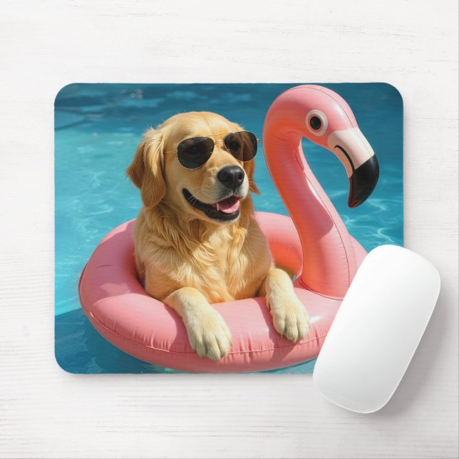 Golden Retriever Floating With Flamingo Mouse Mat (With Mouse)
