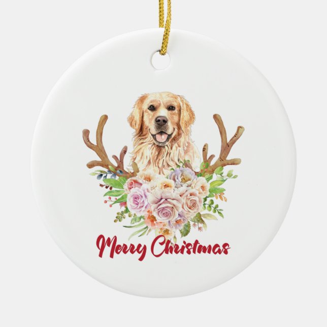Golden Retriever Floral Merry Christmas  Ceramic Tree Decoration (Front)