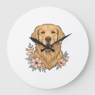 Golden Retriever Floral Vintage Engraving Design_1 Large Clock