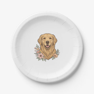 Golden Retriever Floral Vintage Engraving Design_1 Paper Plate