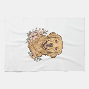 Golden Retriever Floral Vintage Engraving Design_1 Tea Towel