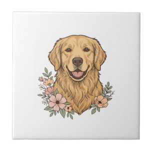 Golden Retriever Floral Vintage Engraving Design_1 Tile