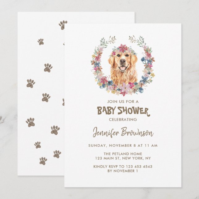Golden Retriever Flower Wreath Dog Baby Shower Invitation (Front/Back)