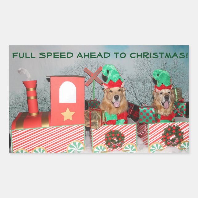 Golden Retriever Full Speed Ahead Christmas Train Rectangular Sticker (Front)