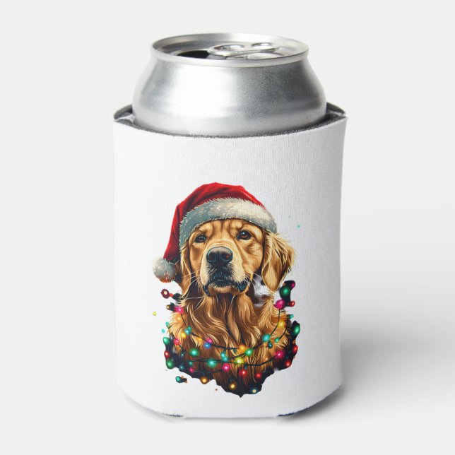 Golden Retriever Funny dog Christmas Santa Hat lig Can Cooler (Can Front)