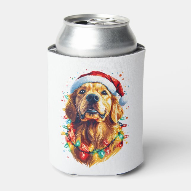 Golden Retriever Funny dog Christmas Santa Hat lig Can Cooler (Can Front)