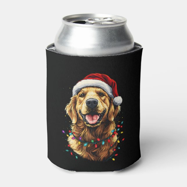 Golden Retriever Funny dog Christmas Santa Hat lig Can Cooler (Can Front)