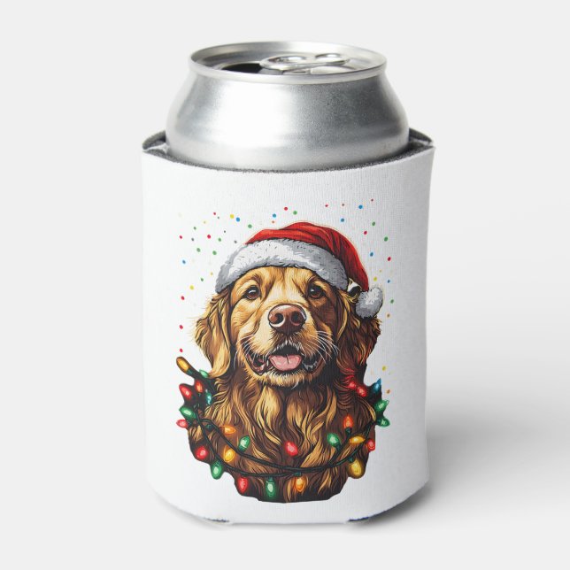 Golden Retriever Funny dog Christmas Santa Hat lig Can Cooler (Can Front)