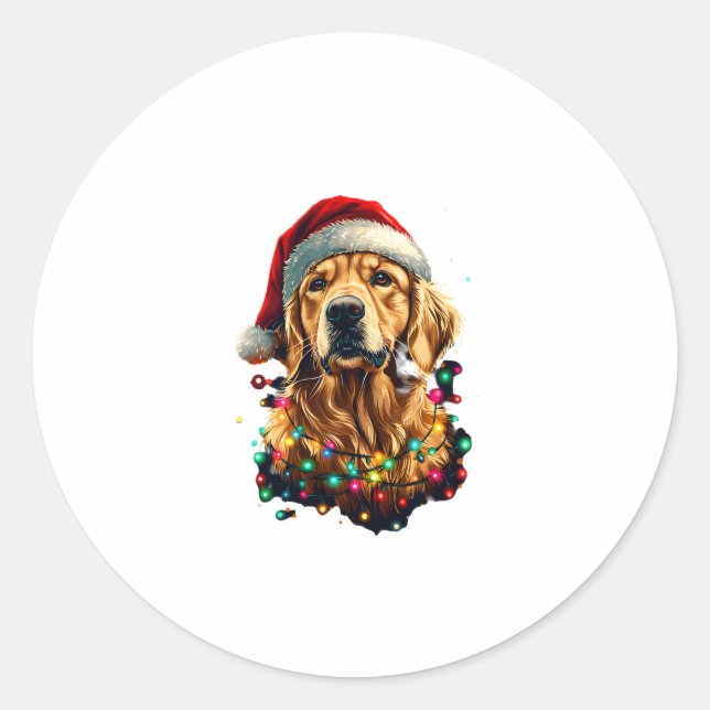 Golden Retriever Funny dog Christmas Santa Hat lig Classic Round Sticker (Front)