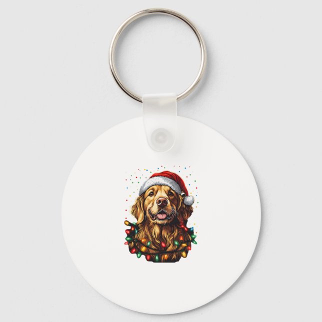 Golden Retriever Funny dog Christmas Santa Hat lig Key Ring (Front)