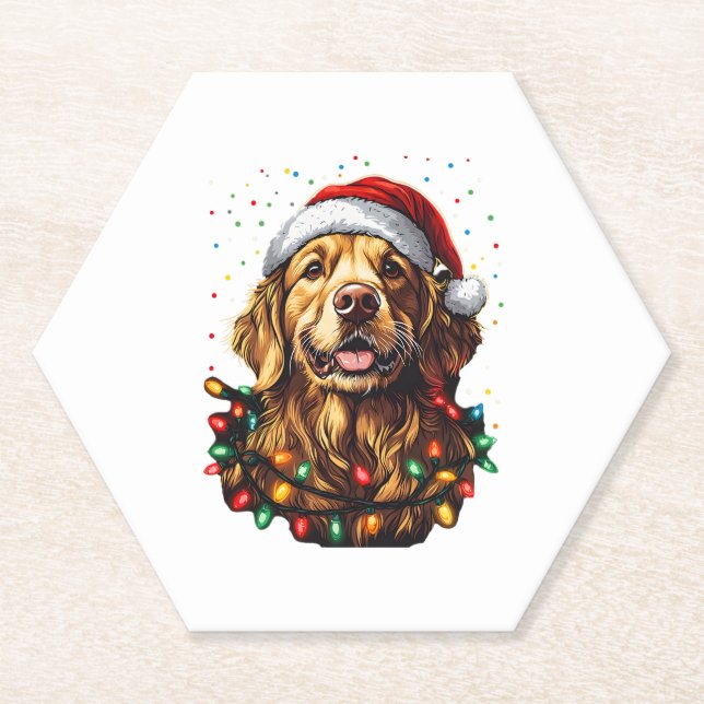 Golden Retriever Funny dog Christmas Santa Hat lig Paper Coaster (Front)