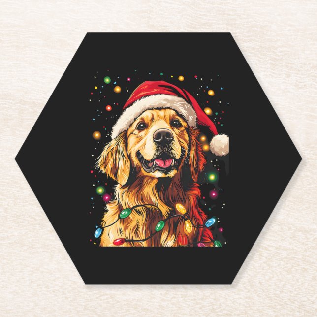 Golden Retriever Funny dog Christmas Santa Hat lig Paper Coaster (Front)