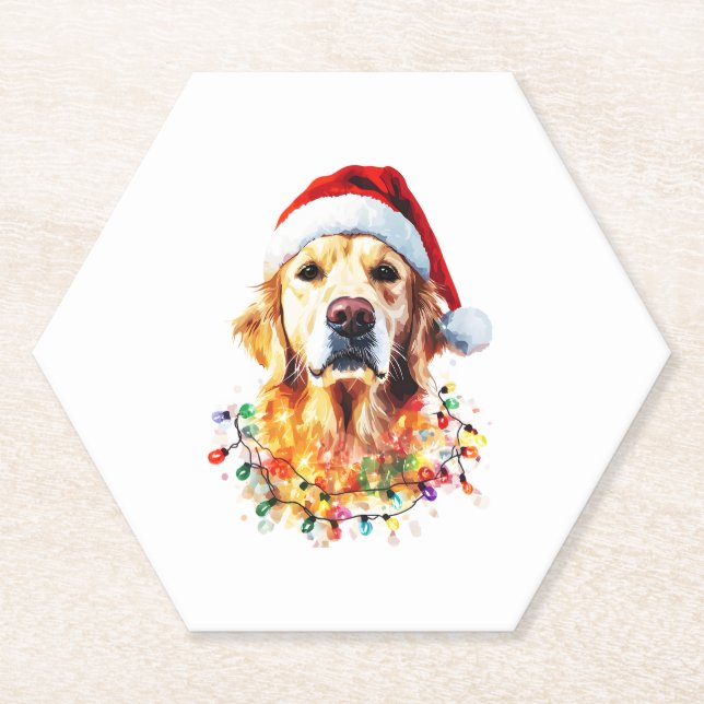 Golden Retriever Funny dog Christmas Santa Hat lig Paper Coaster (Front)