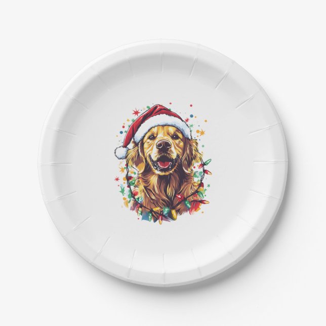 Golden Retriever Funny dog Christmas Santa Hat lig Paper Plate (Front)