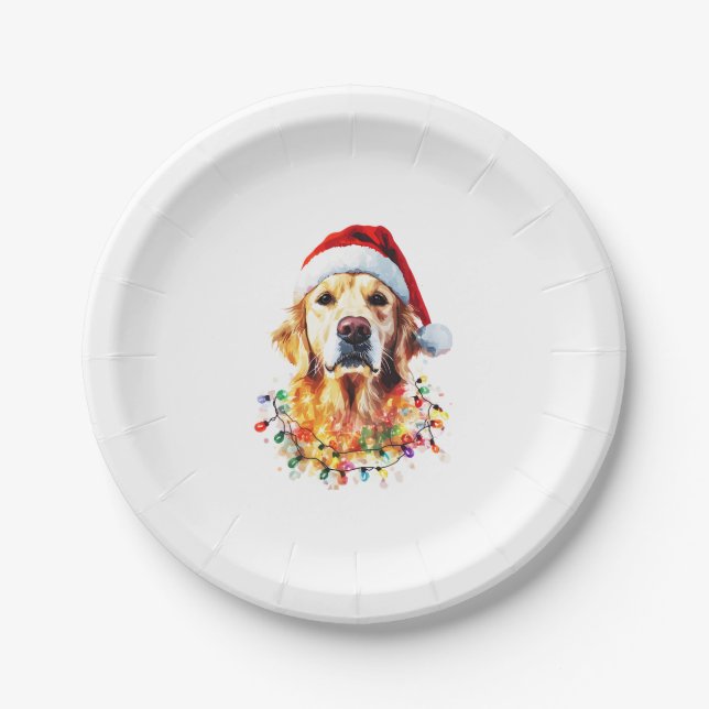 Golden Retriever Funny dog Christmas Santa Hat lig Paper Plate (Front)