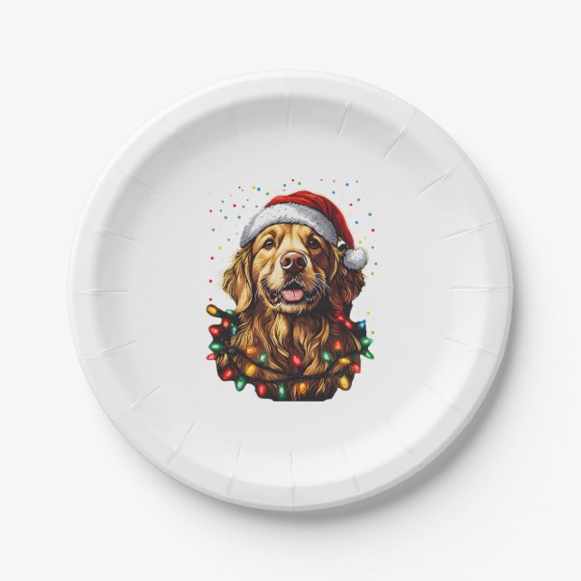 Golden Retriever Funny dog Christmas Santa Hat lig Paper Plate (Front)
