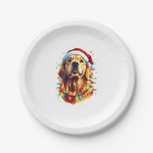 Golden Retriever Funny dog Christmas Santa Hat lig Paper Plate