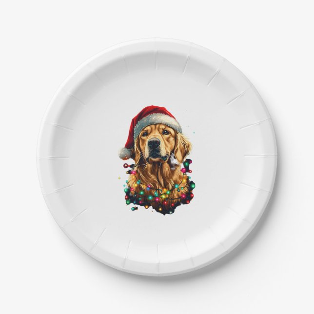 Golden Retriever Funny dog Christmas Santa Hat lig Paper Plate (Front)