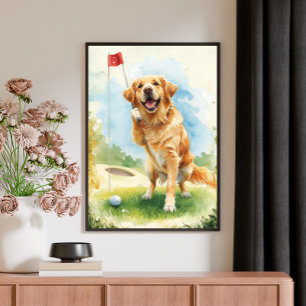 Golden Retriever Golf Watercolor Poster Canvas Print
