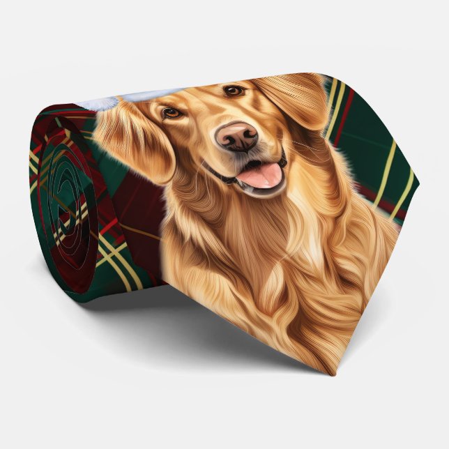 Golden Retriever Green Red Holiday Plaid Christmas Tie (Rolled)