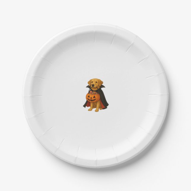 Golden Retriever Halloween Dog with Pumpkin Candy  Paper Plate (Front)