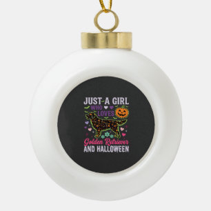 Golden Retriever Halloween Girl Pumpkin Dog Design Ceramic Ball Christmas Ornament