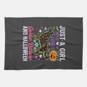 Golden Retriever Halloween Girl Pumpkin Dog Design Tea Towel