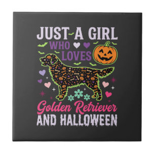 Golden Retriever Halloween Girl Pumpkin Dog Design Tile