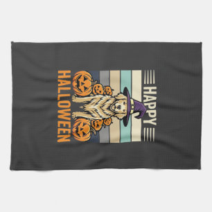 Golden Retriever Halloween Vintage Pumpkin Design Tea Towel