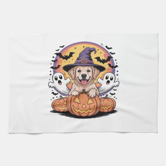 Golden Retriever Halloween Witch Dog Classic T-Shi Tea Towel (Horizontal)
