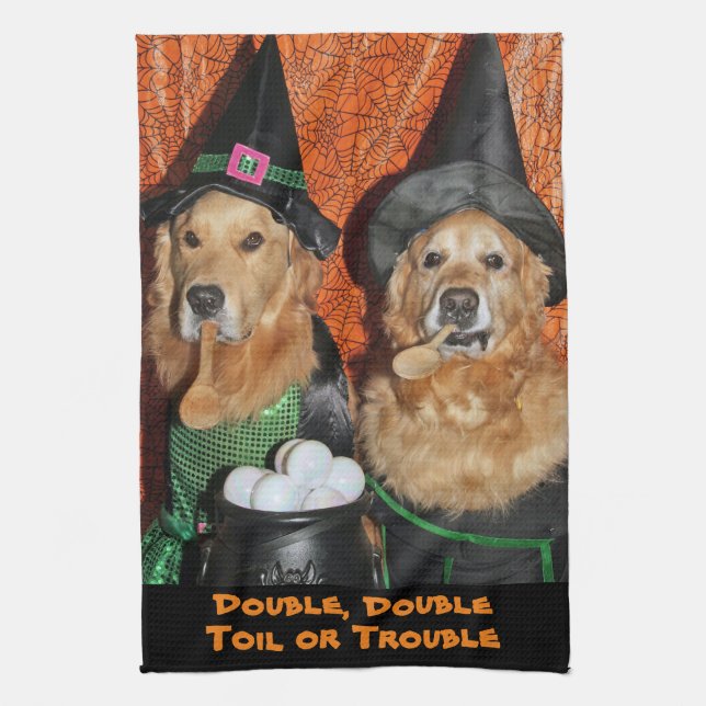 Golden Retriever Halloween Witches Tea Towel (Vertical)
