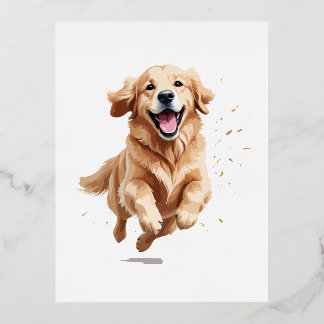 Golden Retriever Happy Playful Fun Jumping In Air Foil Holiday Postcard
