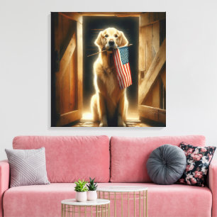 Golden Retriever Holding An American Flag Canvas Print
