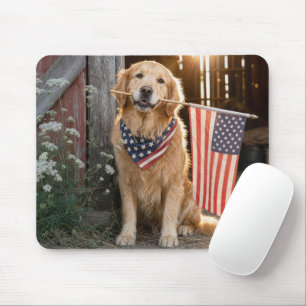 Golden Retriever Holding an American Flag Mouse Mat