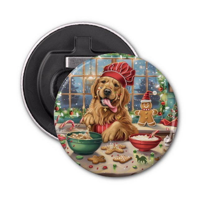 Golden Retriever Holiday Baking: Festive Christmas Bottle Opener (Front)