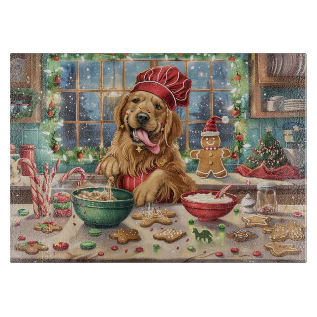 Golden Retriever Holiday Baking: Festive Christmas Cutting Board (Front)