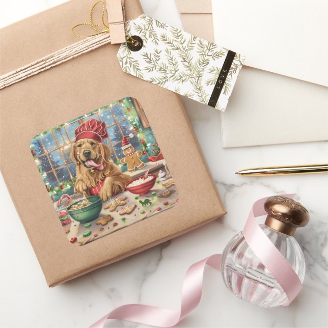 Golden Retriever Holiday Baking: Festive Christmas Square Sticker (Gifting)