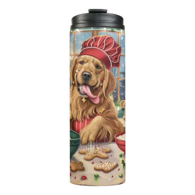 Golden Retriever Holiday Baking: Festive Christmas Thermal Tumbler (Front)