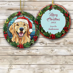 Golden Retriever Holly Berry Wreath Ceramic Tree Decoration