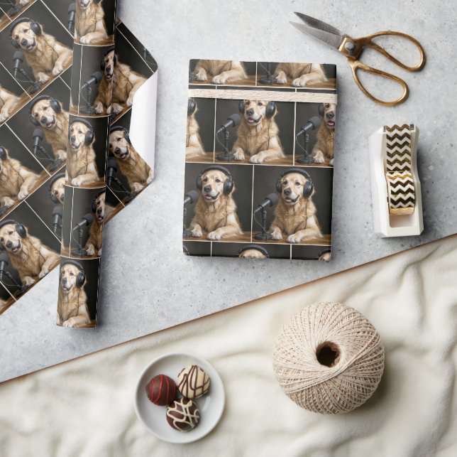 Golden Retriever Hosting a Podcast Wrapping Paper (Crafts)