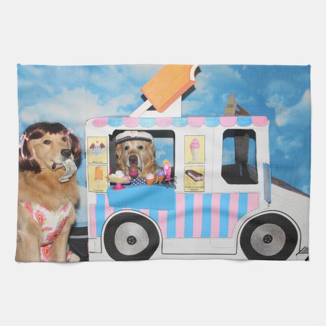 Golden Retriever Ice Cream Truck Tea Towel (Horizontal)