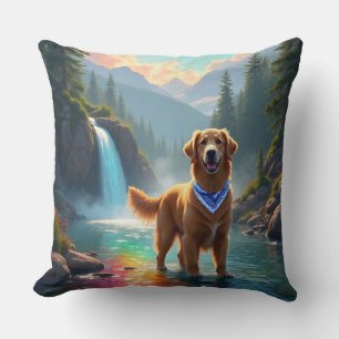 Golden Retriever in a Fantasy Rainbow River Cushion