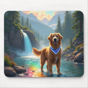 Golden Retriever in a Fantasy Rainbow River Mouse Mat